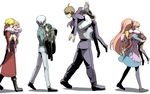  5boys ahoge andou_ruruka apron backpack bag bandages blonde_hair carrying carrying_over_shoulder cow_mask danganronpa danganronpa_3 dress formal fur_trim game_boy_advance great_gozu green_hair handheld_game_console hood hoodie izayoi_sounosuke long_coat long_hair multiple_boys multiple_girls munakata_kyousuke muscle naegi_makoto nanami_chiaki pink_hair ponytail princess_carry sakakura_juuzou school_uniform short_hair silver_hair simple_background smile spoilers suit sweatdrop walking white_background wrestling_mask youko-shima yukizome_chisa 