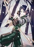  40hara aiming angry archery armor arrow belt black_eyes black_hair bow_(weapon) circlet copyright_name drawing_bow feathers fire_emblem fire_emblem:_kakusei fire_emblem_cipher gloves hair_feathers holding holding_arrow holding_bow_(weapon) holding_weapon looking_at_viewer noire_(fire_emblem) official_art outstretched_arm pants short_hair snow solo weapon 