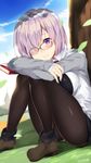  black_legwear blue_sky blush book breasts brown_footwear cloud crossed_arms day fate/grand_order fate_(series) glasses hair_over_one_eye highres holding holding_book kuro_chairo_no_neko large_breasts long_sleeves looking_at_viewer mash_kyrielight outdoors pantyhose purple_eyes purple_hair shoes short_hair sky smile solo tree twitter_username 