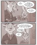  2016 cane canine comic disney elevator female fox july_hopps_(mistermead) lagomorph male mammal mistermead nick_wilde rabbit speech_bubble suit text zootopia 