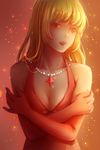  blonde_hair breasts cleavage dress elbow_gloves elysion emalfire evening_gown gloves highres jewelry long_hair medium_breasts necklace parted_lips pearl_necklace self_hug sketch solo sound_horizon stella_(sound_horizon) upper_body 