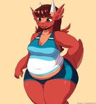  belly blue_eyes breasts brown_hair clothing digital_media_(artwork) dragon female hair hand_on_hip horn javanshir open_mouth pom red_scales red_skin red_tail scales scalie simple_background slightly_chubby smile solo standing wide_hips 