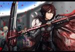  2girls anonamos brown_hair cape crescent_rose fingerless_gloves gloves gothic_lolita jaune_arc letterboxed lie_ren lolita_fashion multiple_boys multiple_girls nora_valkyrie petals rose_petals ruby_rose rwby scythe silver_eyes smirk solo_focus weapon 