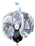  1girl 2boys aqua_(kingdom_hearts) arm_up armpits artist_name asymmetrical_clothes blackpaopu closed_eyes detached_sleeves dual_persona fingerless_gloves flower gloves highres kingdom_hearts looking_up mirror monochrome multiple_boys outstretched_arm parted_lips stairs stairwell terra_(kingdom_hearts) ventus 