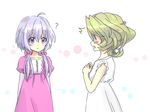  2girls :o ? ahoge arms_at_sides arms_behind_back bare_shoulders blush blush_stickers bow collarbone cross-laced_clothes curly_hair dress elfnein eyebrows eyebrows_visible_through_hair green_hair hair_between_eyes hair_bow hair_over_shoulder juliet_sleeves lavender_hair long_hair long_sleeves looking_at_another low_twintails motinoki multiple_girls open_mouth own_hands_together parted_lips pink_bow pink_dress profile puffy_short_sleeves puffy_sleeves purple_eyes senki_zesshou_symphogear short_hair short_sleeves simple_background sleeveless sleeveless_dress surprised tareme twintails upper_body white_background white_dress younger yukine_chris 