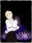  blonde_hair breasts cape cleavage crossed_arms drill_hair earrings glasses glynda_goodwitch green_eyes jewelry large_breasts magic_circle riding_crop rwby sabachiyo_land solo 