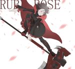  black_hair boots breasts cape character_name crescent_rose cross-laced_footwear gloria_(84568750) gothic_lolita knee_boots lace-up_boots lolita_fashion medium_breasts pantyhose petals red_cape riding rose_petals ruby_rose rwby scythe short_hair silver_eyes solo weapon 