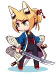  1girl 7th_dragon 7th_dragon_(series) animal_ear_fluff animal_ears bangs bell black_bodysuit blonde_hair bodysuit breasts commentary_request covered_navel eyebrows_visible_through_hair fox_ears green_eyes head_tilt holding holding_sheath holding_sword holding_weapon jingle_bell katana long_sleeves looking_away looking_to_the_side naga_u namuna_(7th_dragon) red_footwear samurai_(7th_dragon_series) shadow sheath shoes sidelocks small_breasts solo standing swept_bangs sword unsheathed v-shaped_eyebrows weapon white_background wide_sleeves 