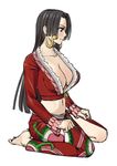  barefoot black_hair boa_hancock breasts cleavage earrings easy_(aqk7bdqt) full_body jewelry large_breasts long_hair long_sleeves midriff navel one_piece simple_background sitting snake_earrings solo wariza white_background 