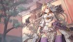  ahoge arch arm_at_side armor bangs bare_shoulders blonde_hair blue_eyes blurry blush bow breasts brick_wall building closed_mouth cowboy_shot depth_of_field detached_sleeves dress flower frilled_dress frills from_below granblue_fantasy hair_flower hair_ornament hairband highres holding holding_sword holding_weapon jeanne_d'arc_(granblue_fantasy) jewelry legs_apart lily_(flower) long_hair looking_at_viewer looking_down necklace outdoors purple_bow purple_legwear saraki shingeki_no_bahamut shoulder_armor skirt_hold sleeves_past_elbows small_breasts solo spaulders strapless strapless_dress sword tree tree_shade very_long_hair wall weapon white_dress white_flower wide_sleeves window 