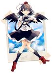 artist_name azuma_aya bird_wings black_skirt blouse blue_sky bow brown_hair camera cloud commentary_request geta hat holding holding_camera knees_together_feet_apart legs_apart looking_at_viewer open_mouth pointy_ears polaroid puffy_short_sleeves puffy_sleeves red_eyes round_teeth shameimaru_aya short_hair short_sleeves sketch skirt sky smile solo strap tape teeth tengu-geta tokin_hat touhou twitter_username white_blouse wings wrist_cuffs 