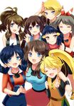  6+girls blue_(pokemon) crystal_(pokemon) grin highres mei_(pokemon) multiple_girls odamaki_sapphire platinum_berlitz pokemon pokemon_special salute serena_(pokemon) smile touko_(pokemon) yellow_(pokemon) 