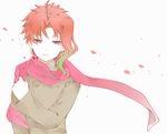  coat earrings half-closed_eyes highres jewelry jojo_no_kimyou_na_bouken kakyouin_noriaki male_focus petals pink_scarf purple_eyes red_hair rose_petals scarf smile solo upper_body yashiro_(tomapiro) 