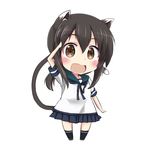  animal_ears black_hair blue_skirt blush brown_eyes cat_ears cat_tail chibi commentary_request fubuki_(kantai_collection) kantai_collection kemonomimi_mode kneehighs looking_at_viewer open_mouth pleated_skirt ponytail salute school_uniform serafuku short_sleeves simple_background skirt solo tail white_background yuu_(alsiel) 