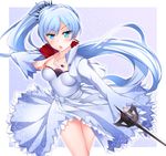  bare_legs blue_eyes blush breasts cleavage dress healther holding holding_sword holding_weapon jewelry left-handed long_hair myrtenaster open_mouth pendant ponytail rapier rwby scar scar_across_eye silver_hair small_breasts snowflakes solo sword tsurime weapon weiss_schnee 