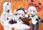  3girls :d :o arm_up blue_eyes breasts candy cape check_commentary commentary_request covered_navel food halloween halloween_costume highres kantai_collection kurenaidahlia large_breasts long_hair looking_at_viewer multiple_girls northern_ocean_hime open_mouth pale_skin pumpkin red_eyes ribbed_sweater seaport_hime shinkaisei-kan smile sweater white_hair wo-class_aircraft_carrier 