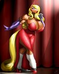  anthro armpits biceps big_breasts blonde_hair blue_eyes breasts brown_fur cleavage clothed clothing clydesdale cosplay digital_media_(artwork) disney draft_horse dress elbow_gloves equine eyeshadow feathering female footwear fur gloves hair hair_over_eye high_heels hooves horse huge_breasts jackie_rose jessica_rabbit lips lipstick looking_at_viewer makeup mammal marauder6272 microphone mother muscular muscular_female parent singing solo stage voluptuous who_framed_roger_rabbit wide_hips 