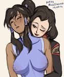  2girls ;) animated animated_gif artist_name asami_sato avatar:_the_last_airbender avatar_(series) bare_shoulders black_hair breast_grab breasts dark_skin dated erect_nipples female grabbing grabbing_from_behind green_eyes interracial korra large_breasts lips lipstick long_hair looking_at_another makeup mina_cream multiple_girls naughty_face navel nickelodeon nude one_eye_closed parted_lips ponytail red_lipstick sleeveless sleeveless_turtleneck smile the_legend_of_korra turtleneck upper_body white_background yuri 