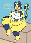  animal_crossing ankha belly big_belly big_breasts big_butt blue_hair blush breasts butt cat clothing derpaggedon digital_media_(artwork) drooling english_text feline fur hair hi_res looking_at_viewer mammal multicolored_tail nintendo plantigrade pose ringed_tail saliva sitting smile text thick_thighs video_games yellow_fur 