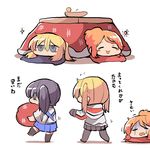  3girls =_= aquila_(kantai_collection) blonde_hair blue_eyes blush brown_hair chibi closed_eyes comic commentary_request flying_sweatdrops food from_behind fruit graf_zeppelin_(kantai_collection) hair_ornament hairclip highres jitome kaga_(kantai_collection) kakuzatou_(koruneriusu) kantai_collection kotatsu mandarin_orange multiple_girls open_mouth orange_hair pantyhose sweat table tasuki thighhighs translated under_kotatsu under_table 