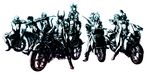  6+boys alternate_costume annotated aqua bandages baseball_bat boots bousouzoku butz_klauser casual cecil_harvey cloud_strife contemporary delinquent dissidia_final_fantasy epic everyone final_fantasy final_fantasy_i final_fantasy_ii final_fantasy_iii final_fantasy_iv final_fantasy_ix final_fantasy_v final_fantasy_vi final_fantasy_vii final_fantasy_viii final_fantasy_x frioniel gloves ground_vehicle helmet highres jacket kichi lead_pipe long_hair mask monochrome motor_vehicle motorcycle multiple_boys nail nail_bat onion_knight ponytail shirtless short_hair sitting spiked_hair squall_leonhart sunglasses tail tidus tina_branford warrior_of_light zidane_tribal 