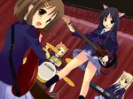  akiyama_mio animal_ears arisu cat_ears drum drum_set dutch_angle guitar hirasawa_yui instrument k-on! kotobuki_tsumugi left-handed multiple_girls musical_note school_uniform synthesizer tainaka_ritsu 