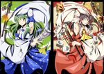  armpits black_hair detached_sleeves gohei green_eyes green_hair hakurei_reimu highres kirisame_marisa kochiya_sanae multiple_girls ofuda red_eyes shino_(moment) touhou 