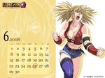  asymmetrical_clothes belt blonde_hair blue_eyes breasts calendar_(medium) cleavage denim denim_shorts elbow_pads highres homare_(fool's_art) large_breasts midriff muscle muscular_female open_mouth remy_dadarne shorts single_thighhigh solo strap thighhighs twintails vest wallpaper wrestle_angels wrestle_angels_survivor_2 