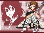  bad_id bad_pixiv_id blush brown_eyes brown_hair don't_say_&quot;lazy&quot; fujimori_mikan guitar highres hirasawa_yui instrument k-on! school_uniform sitting solo striped striped_legwear thighhighs vertical-striped_legwear vertical_stripes 