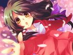  :o bow brown_eyes clannad grey_hair hair_bow ibuki_fuuko jacket open_mouth outstretched_arms outstretched_hand petals reaching reaching_out satomi_yoshitaka solo 