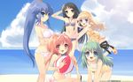  :d akihime_sumomo aqua_eyes ball beach beachball bikini blonde_hair blue_eyes blue_hair breasts casual_one-piece_swimsuit cloud day green_hair highres itou_noiji koiwai_flora medium_breasts multiple_girls nanatsuiro_drops navel o-ring o-ring_bikini ocean one-piece_swimsuit open_mouth outdoors ponytail red_eyes red_hair sand satsuki_julirsia sitting sky small_breasts smile swimsuit wallpaper water yaeno_nadeshiko yuuki_nona 