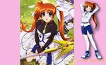  blue_eyes brown_hair fingerless_gloves from_above gloves hairbow long_hair mahou_shoujo_lyrical_nanoha mahou_shoujo_lyrical_nanoha_strikers open_mouth ponytail raising_heart side_ponytail takamachi_nanoha thigh_highs twintails uniform 