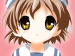  brown_eyes brown_hair child clannad close-up hat highres okazaki_ushio school_uniform sigsig solo 