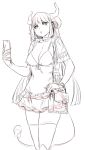  1girl archvermin bag breasts cleavage copyright_request dress highres horns long_hair monochrome solo 