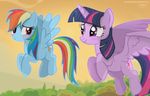  2016 blue_feathers blue_fur blush cutie_mark duo equine eye_contact feathered_wings feathers female feral flying forest friendship_is_magic fur hair hi_res horn landscape mammal multicolored_hair my_little_pony nature outside pegasus purple_eyes purple_feathers purple_fur rainbow_dash_(mlp) rainbow_hair shutterflyeqd sky smile sun tree twilight_sparkle_(mlp) winged_unicorn wings 