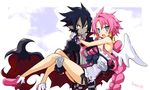  1girl black_hair blue_eyes braid cape carrying disgaea gloves hair_tubes iwasi-r long_hair makai_senki_disgaea_4 pink_hair pointy_ears princess_carry red_eyes short_hair sidelocks smile valvatorez_(disgaea) vulcanus_(disgaea_4) wings 