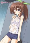  :o blue_eyes breasts brown_hair coat coat_removed denim denim_shorts endori fuuka_reventon hair_ribbon long_hair looking_at_viewer lyrical_nanoha medium_breasts nipples ponytail rain ribbon see-through shiny shiny_hair shirt short_shorts shorts sidelocks solo twitter_username vivid_strike! wet wet_clothes wet_shirt 