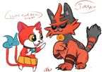  bell black_fur cat crossover cute dialogue duo fangs feline fur jibanyan lavendire male mammal nintendo pok&eacute;mon red_fur torracat twintails_(disambiguation) video_games yo-kai_watch 