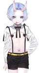  blue_eyes blue_hair covered_nipples highres horns male_focus midriff navel nekometaru oni original pasties pointy_ears ribbon shorts simple_background solo suspenders tongue tongue_out white_background 