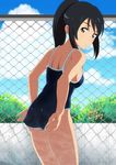  adjusting_clothes adjusting_swimsuit alternate_costume ass black_hair brown_eyes chain-link_fence competition_school_swimsuit fence from_behind hair_ribbon highres k.ty_(amejin) kimi_no_na_wa looking_back miyamizu_mitsuha one-piece_swimsuit personality_switch ponytail ribbon school_swimsuit short_hair solo swimsuit 