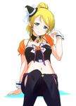  arm_support ayase_eli belt black_legwear black_shorts blonde_hair blue_eyes collar collarbone earrings hand_in_hair hat high_ponytail jewelry long_hair looking_at_viewer love_live! love_live!_school_idol_project midriff mini_hat mini_witch_hat nanotsuki navel pumpkin purple_ribbon ribbon shorts simple_background solo thighhighs white_background witch_hat wrist_cuffs 