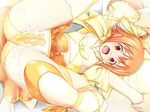  1girl aftersex ail_soft andou_remi arms_up blush cameltoe crop_top cum cum_in_pussy cum_on_clothes cum_on_lower_body female game_cg hair_bow hair_ornament humiliation kyouhaku_3 legs_up magical_girl midriff open_mouth orange_eyes orange_hair panties pleated_skirt ponytail restrained ribahara_aki skirt small_breasts solo spread_legs tongue yellow_bow yellow_panties 