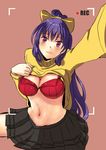  blazblue blazblue_remix_heart blue_hair blush bow bra breasts cleavage clothes_lift colorfag colorized genderswap genderswap_(mtf) hair_bow highres honyaa~ large_breasts long_hair looking_at_viewer mai_natsume navel pink_background pleated_skirt ponytail purple_eyes reaching_out recording red_bra ribbon self_shot skirt smile solo sweater sweater_lift turtleneck turtleneck_sweater underwear very_long_hair yellow_bow 