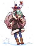 1girl animal_ears blowing blue_bow boots bow brown_footwear dog_ears eyebrows_visible_through_hair eyes_closed full_body fur_trim green_hair highres kasodani_kyouko party_horn polka_dot red_bow snow snowing snowman solo standing striped touhou white_background yoruny 