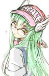  c.c. code_geass cosplay creayus dr._slump glasses green_hair long_hair norimaki_arale norimaki_arale_(cosplay) open_mouth smile solo yellow_eyes 