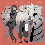  1boy 4girls anne_bonny_(fate/grand_order) artemis_(fate/grand_order) artist_request carmilla_(fate/grand_order) commentary fate/extra fate/grand_order fate_(series) height_chart height_conscious highres leaning_on_person li_shuwen_(fate) li_shuwen_(fate/grand_order) monochrome multiple_girls open_clothes open_shirt red_background scathach_(fate)_(all) scathach_(fate/grand_order) shirt sketch supportasse 