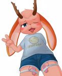  anthro antlers blush bulge clothed clothing cub cute half-closed_eyes horn jackalope lagomorph looking_at_viewer male mammal one_eye_closed open_mouth peace_sign_(disambiguation) saliva sex_toy shorts simple_background solo standing tongue tongue_out vibrator white_background yojoo young 