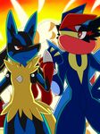  amphibian ash_greninja black_fur blue_fur canine frog fur long_tongue mammal mega_evolution mega_lucario nintendo pok&eacute;mon red_eyes spikes tongue video_games winick-lim yellow_fur 