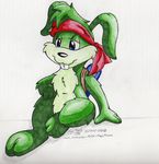  2005 anthro colored_pencil_(artwork) fur green_fur headband jazz_jackrabbit jazz_jackrabbit_(series) lagomorph male mammal pen_(artwork) rabbit shadoukitsune simple_background teeth traditional_media_(artwork) video_games white_background 