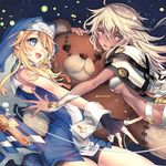  1girl blonde_hair blue_eyes blush breasts bridget_(guilty_gear) dark_skin guilty_gear guilty_gear_xrd medium_breasts open_mouth oro_(sumakaita) otoko_no_ko ramlethal_valentine short_hair sideboob smile stuffed_animal stuffed_toy teddy_bear white_hair yellow_eyes 